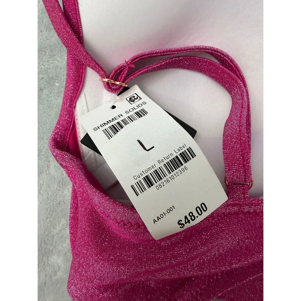 NWT BAR III Women's Cowl-neck Shimmer Bikini Top Pink Handkerchief Large $48